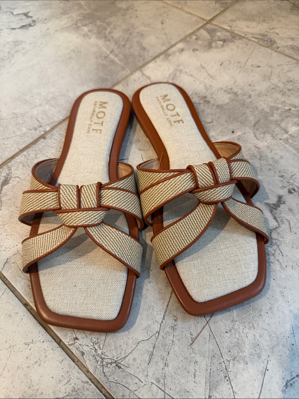 MOTF Beige Linen Slide Sandals with Tan Trim